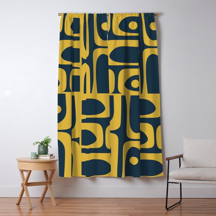 Mid Century Modern Abstract Light Mustard and Dark Navy Blue Piquet Multi Pattern Window Curtain Gallery Image 1