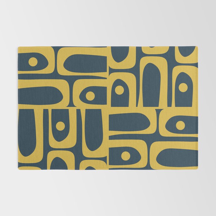 Mid Century Modern Abstract Light Mustard and Dark Navy Blue Piquet Multi Pattern Rug Gallery Image 2