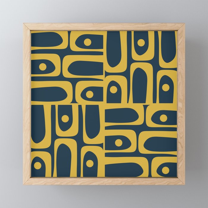 Mid Century Modern Abstract Light Mustard and Dark Navy Blue Piquet Multi Pattern Mini Art Print Gallery Image 1