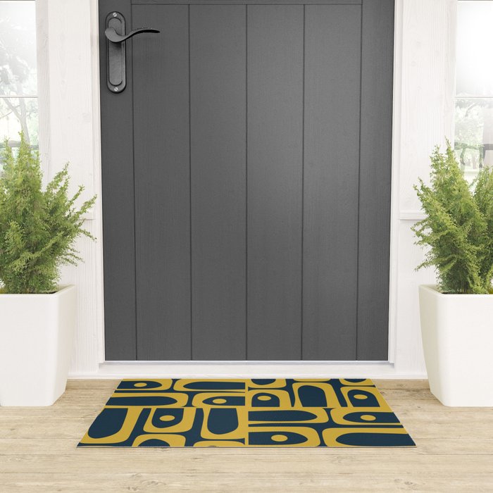 Mid Century Modern Abstract Light Mustard and Dark Navy Blue Piquet Multi Pattern Welcome Mat Gallery Image 3