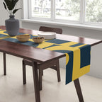 Mid Century Modern Abstract Light Mustard and Dark Navy Blue Piquet Multi Pattern Table Runner Gallery Image 2