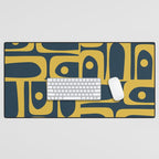 Mid Century Modern Abstract Light Mustard and Dark Navy Blue Piquet Multi Pattern Desk Mat Gallery Image 1