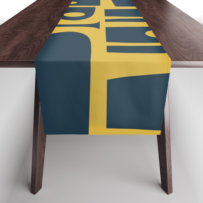 Mid Century Modern Abstract Light Mustard and Dark Navy Blue Piquet Multi Pattern Table Runner Gallery Image 1