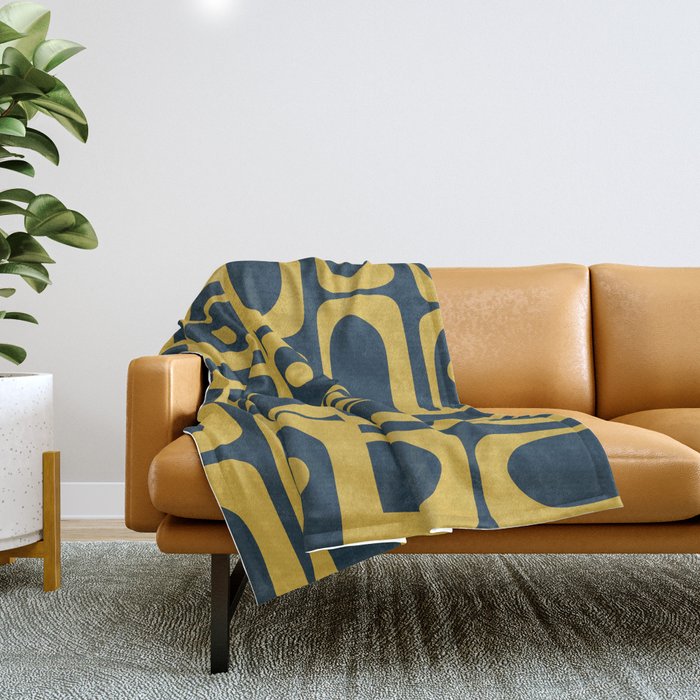 Mid Century Modern Abstract Light Mustard and Dark Navy Blue Piquet Multi Pattern Throw Blanket Gallery Image 1