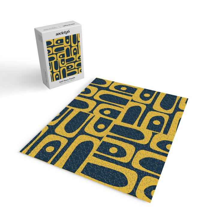 Mid Century Modern Abstract Light Mustard and Dark Navy Blue Piquet Multi Pattern Jigsaw Puzzle Gallery Image 2