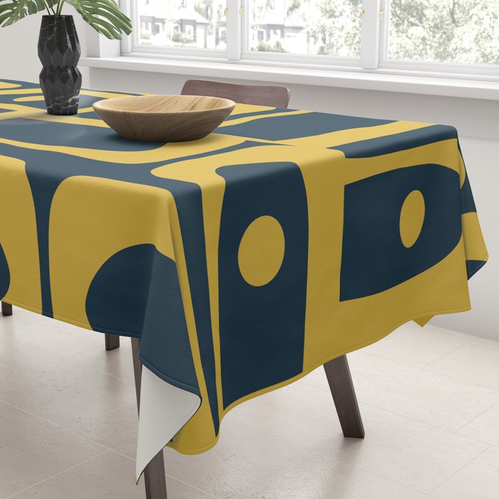 Mid Century Modern Abstract Light Mustard and Dark Navy Blue Piquet Multi Pattern Tablecloth Gallery Image 3