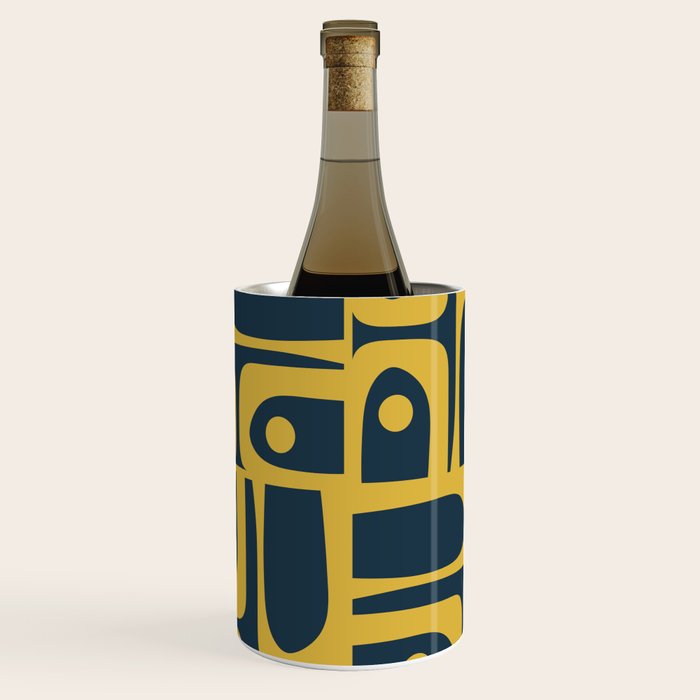 Mid Century Modern Abstract Light Mustard and Dark Navy Blue Piquet Multi Pattern Wine Chiller Gallery Image 1