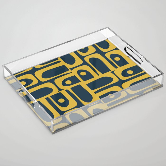Mid Century Modern Abstract Light Mustard and Dark Navy Blue Piquet Multi Pattern Acrylic Tray Gallery Image 1