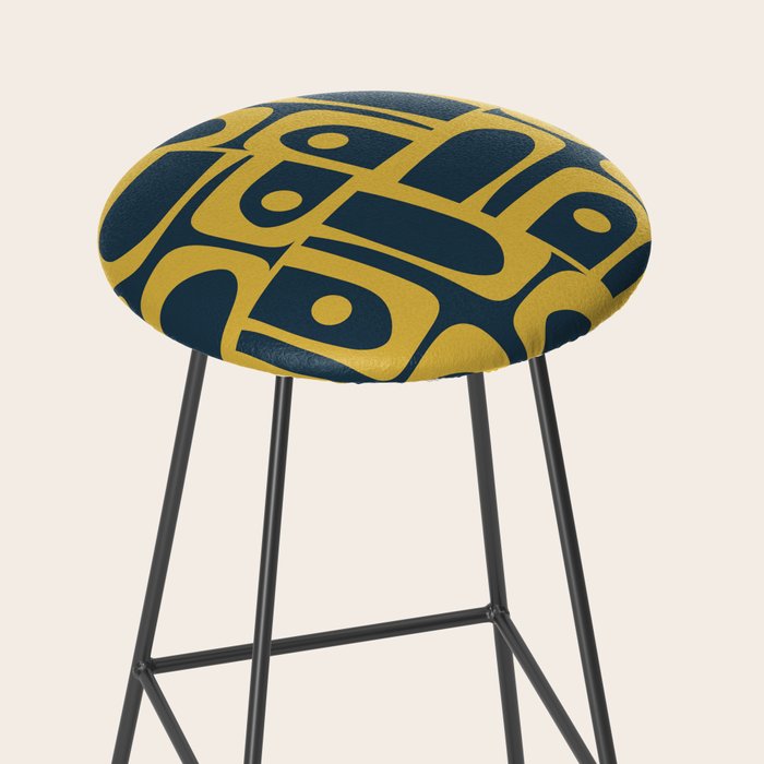 Mid Century Modern Abstract Light Mustard and Dark Navy Blue Piquet Multi Pattern Stool Gallery Image 2