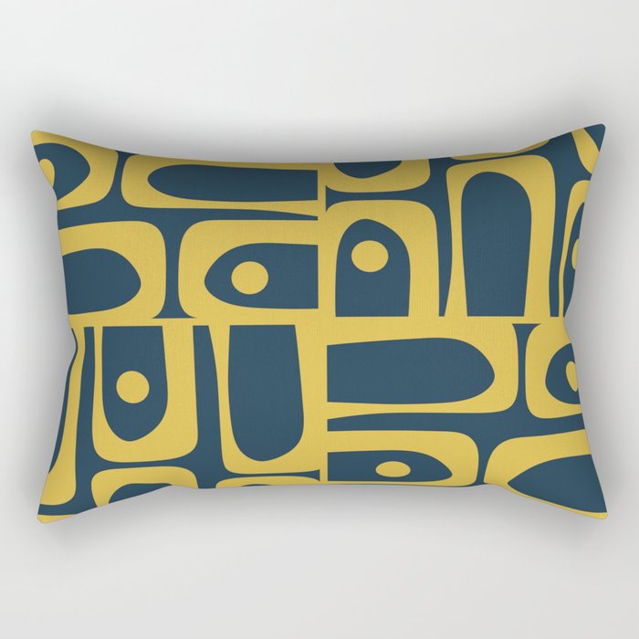 Mid Century Modern Abstract Light Mustard and Dark Navy Blue Piquet Multi Pattern Rectangular Pillow Gallery Image 1