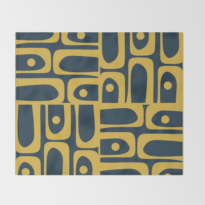 Mid Century Modern Abstract Light Mustard and Dark Navy Blue Piquet Multi Pattern Throw Blanket Gallery Image 2