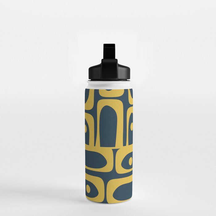 Mid Century Modern Abstract Light Mustard and Dark Navy Blue Piquet Multi Pattern Water Bottle Gallery Image 2