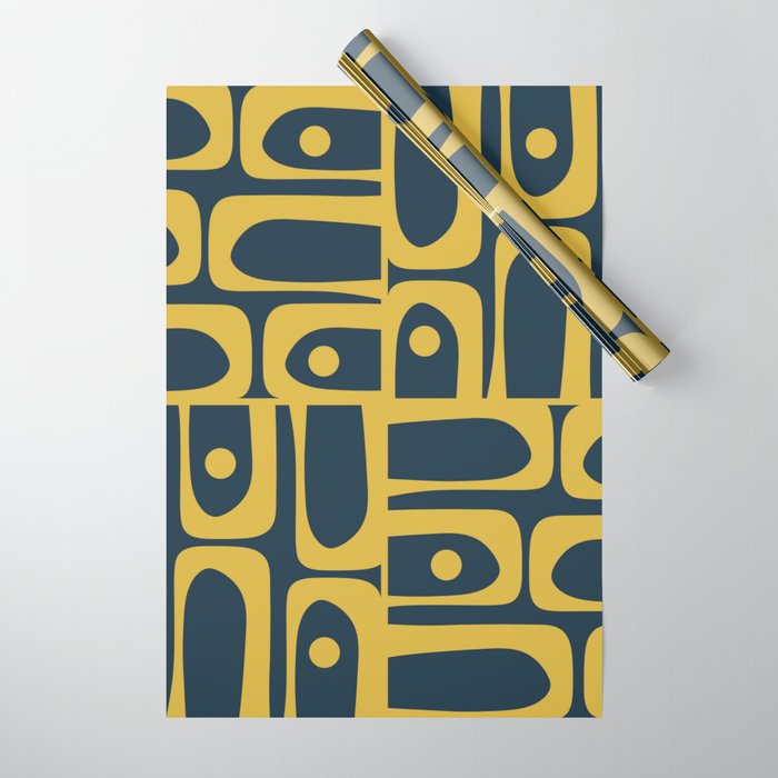 Mid Century Modern Abstract Light Mustard and Dark Navy Blue Piquet Multi Pattern Wrapping Paper Gallery Image 1