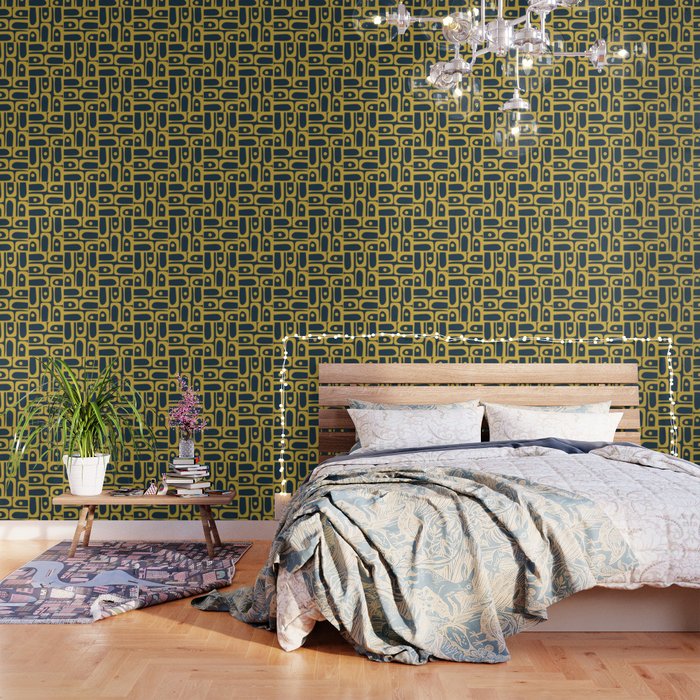Mid Century Modern Abstract Light Mustard and Dark Navy Blue Piquet Multi Pattern Wallpaper Gallery Image 3
