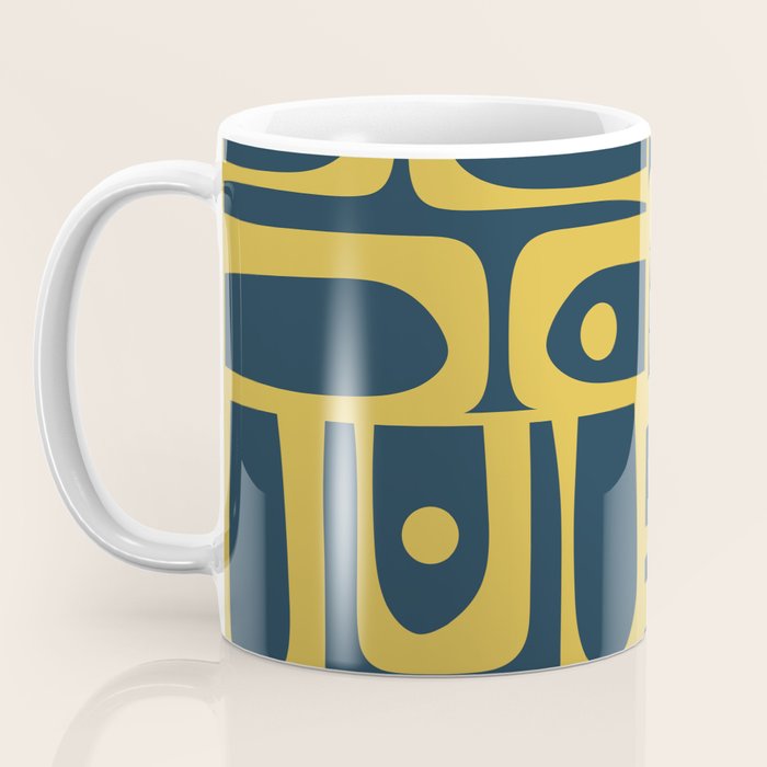 Mid Century Modern Abstract Light Mustard and Dark Navy Blue Piquet Multi Pattern Coffee Mug Gallery Image 3