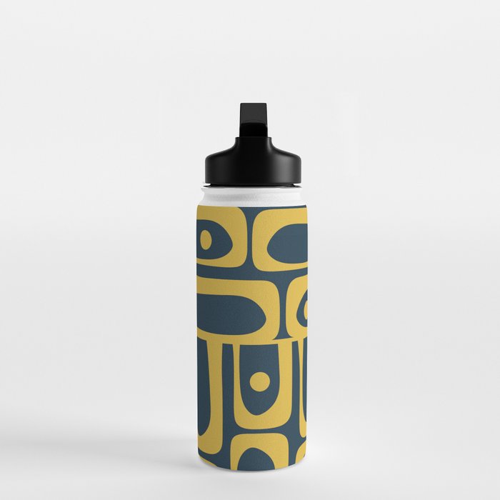 Mid Century Modern Abstract Light Mustard and Dark Navy Blue Piquet Multi Pattern Water Bottle Gallery Image 3