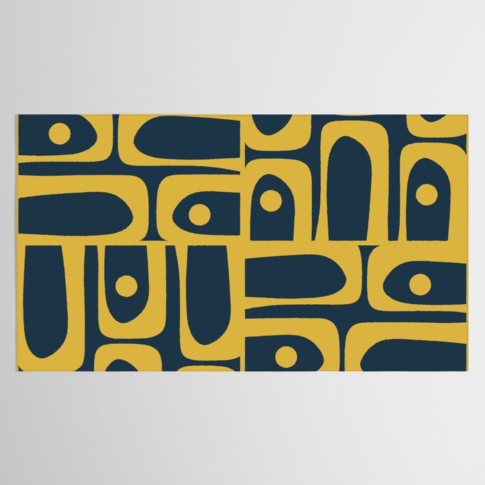 Mid Century Modern Abstract Light Mustard and Dark Navy Blue Piquet Multi Pattern Tablecloth Gallery Image 2