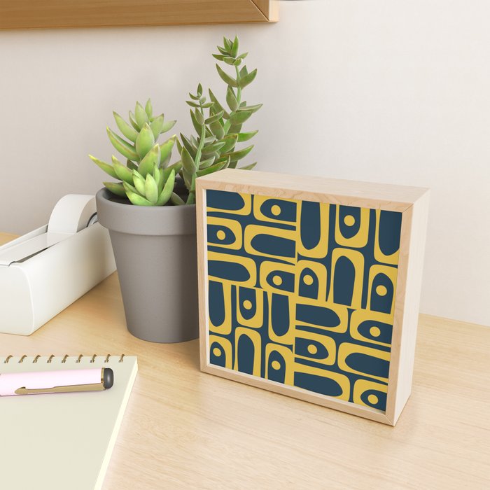Mid Century Modern Abstract Light Mustard and Dark Navy Blue Piquet Multi Pattern Mini Art Print Gallery Image 2