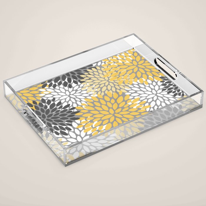 Modern Flowers Print, Yellow, White and Charcoal Grey Acrylic Tray Gallery Image 1