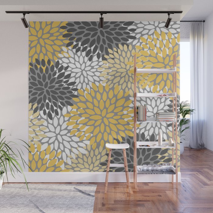 Modern Flowers Print, Yellow, White and Charcoal Grey Wall Mural Gallery Image 1