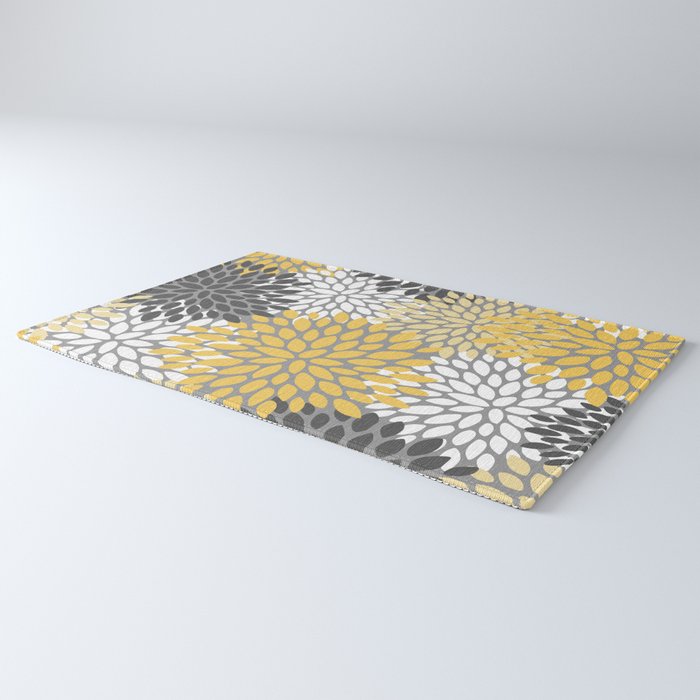 Modern Flowers Print, Yellow, White and Charcoal Grey Rug Gallery Image 3