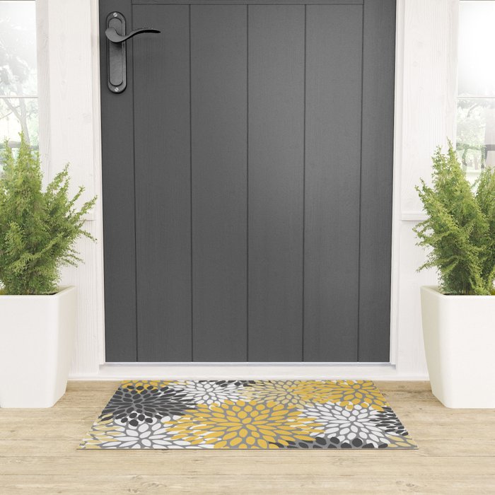Modern Flowers Print, Yellow, White and Charcoal Grey Welcome Mat Gallery Image 3