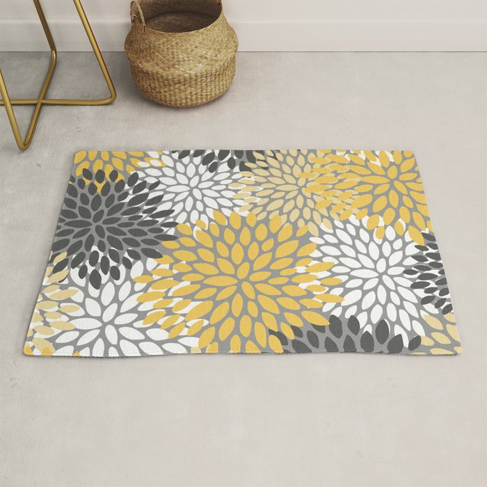 Modern Flowers Print, Yellow, White and Charcoal Grey Rug Gallery Image 1