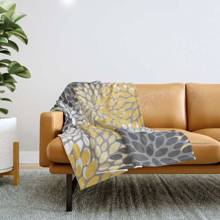 Modern Flowers Print, Yellow, White and Charcoal Grey Throw Blanket Gallery Image 1