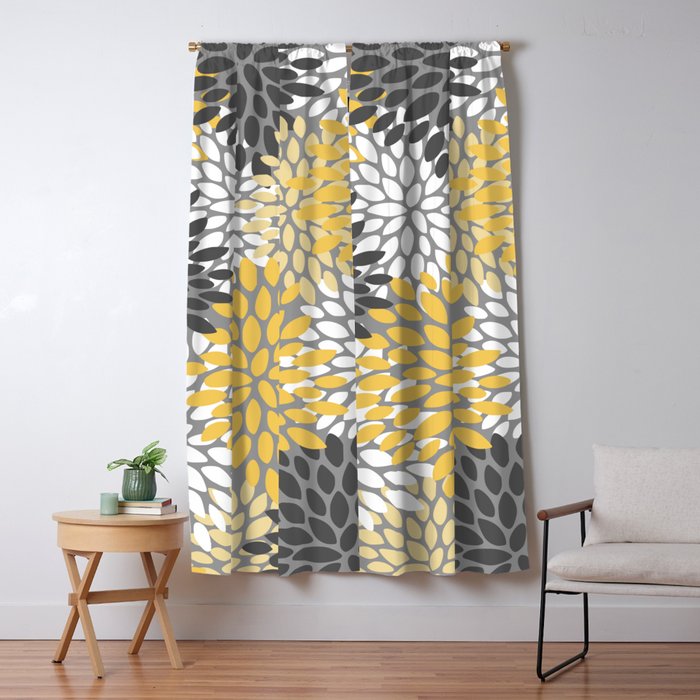Modern Flowers Print, Yellow, White and Charcoal Grey Window Curtain Gallery Image 5