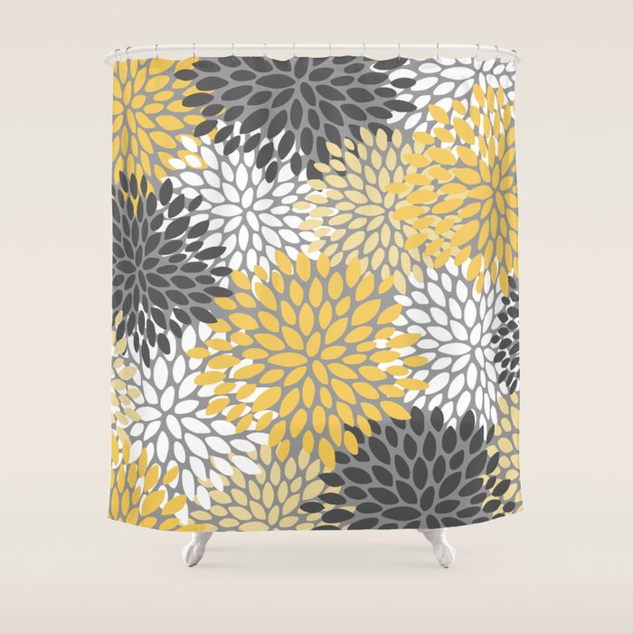 Modern Flowers Print, Yellow, White and Charcoal Grey Shower Curtain Gallery Image 1