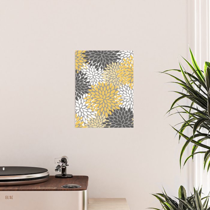 Modern Flowers Print, Yellow, White and Charcoal Grey Poster Gallery Image 2