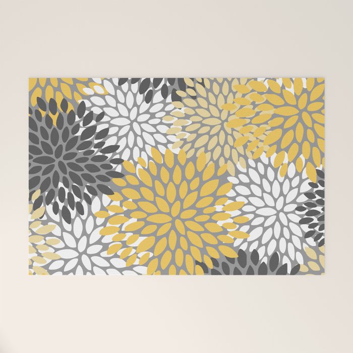 Modern Flowers Print, Yellow, White and Charcoal Grey Welcome Mat Gallery Image 1