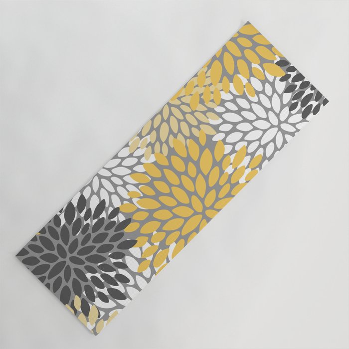 Modern Flowers Print, Yellow, White and Charcoal Grey Yoga Mat Gallery Image 1