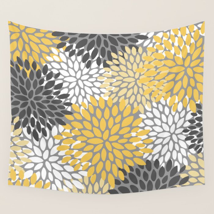 Modern Flowers Print, Yellow, White and Charcoal Grey Wall Tapestry Gallery Image 4
