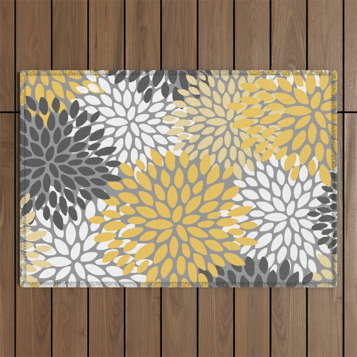 Modern Flowers Print, Yellow, White and Charcoal Grey Outdoor Rug Gallery Image 1