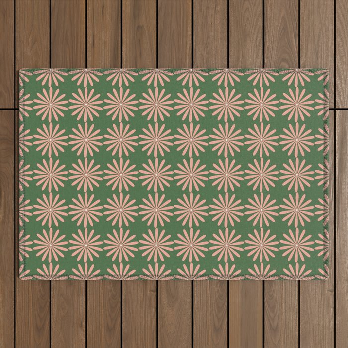 Multi Daisy Retro Pattern in Blush Pink and Green Outdoor Rug Gallery Image 1