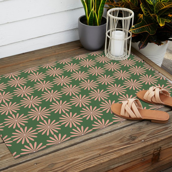 Multi Daisy Retro Pattern in Blush Pink and Green Outdoor Rug Gallery Image 2