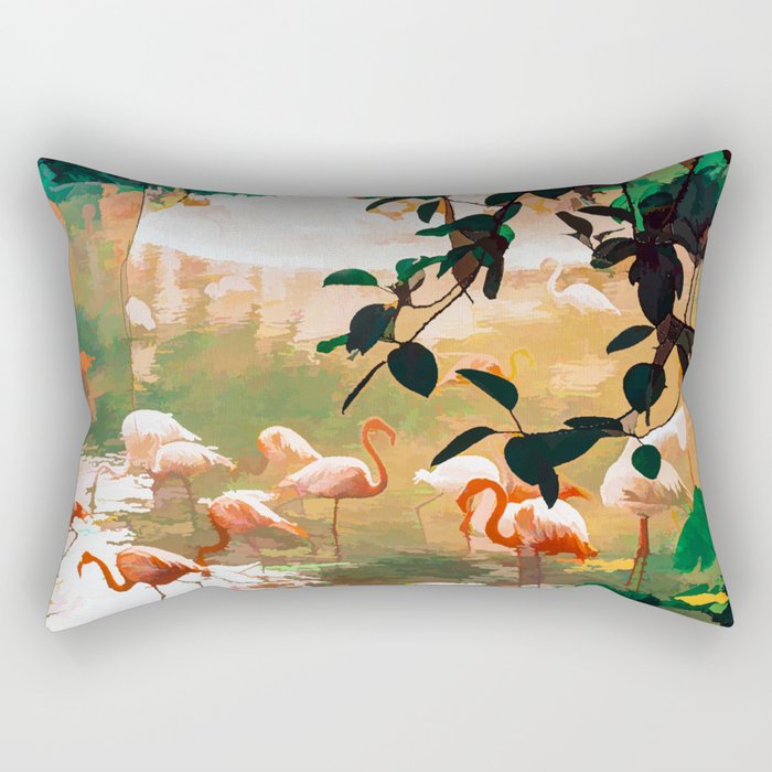 Flamingo Sighting, Jungle Nature Wildlife Birds Painting, Animals Forest Safari Illustration Rectangular Pillow Gallery Image 1