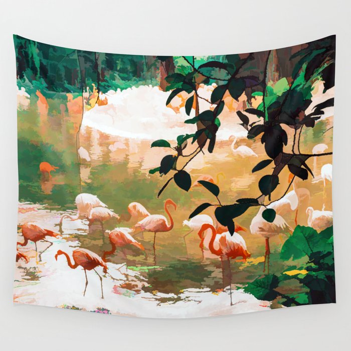 Flamingo Sighting, Jungle Nature Wildlife Birds Painting, Animals Forest Safari Illustration Wall Tapestry Gallery Image 4