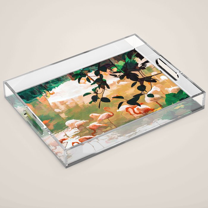 Flamingo Sighting, Jungle Nature Wildlife Birds Painting, Animals Forest Safari Illustration Acrylic Tray Gallery Image 1