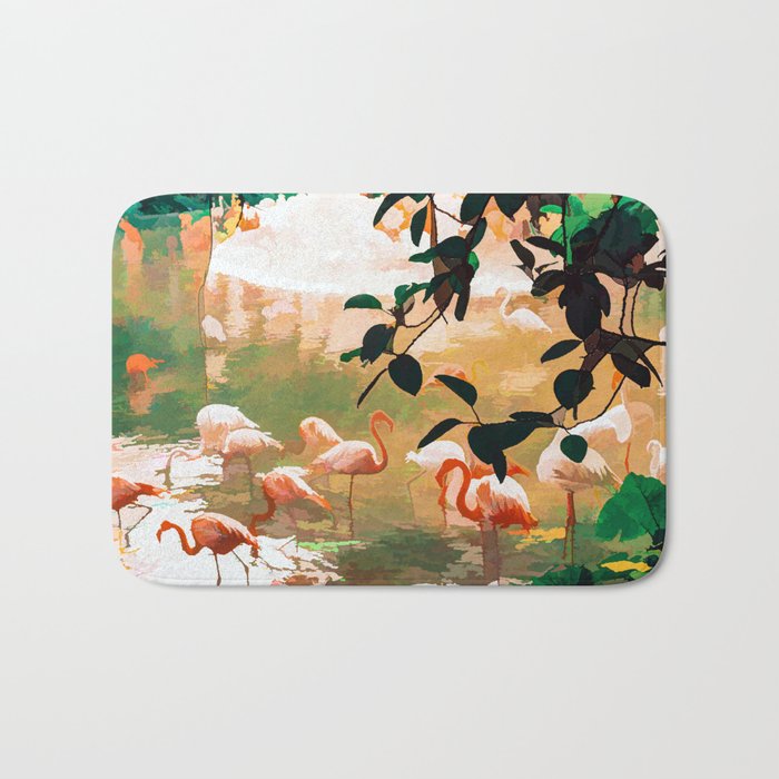 Flamingo Sighting, Jungle Nature Wildlife Birds Painting, Animals Forest Safari Illustration Bath Mat Gallery Image 1