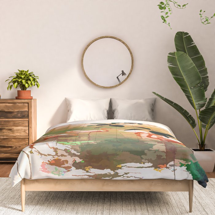 Flamingo Sighting, Jungle Nature Wildlife Birds Painting, Animals Forest Safari Illustration Comforter Gallery Image 3