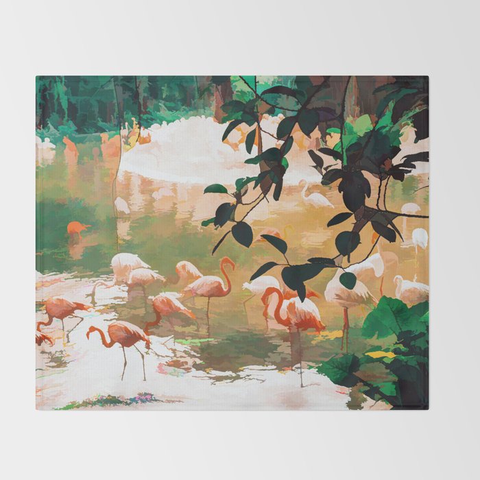 Flamingo Sighting, Jungle Nature Wildlife Birds Painting, Animals Forest Safari Illustration Throw Blanket Gallery Image 2