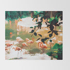 Flamingo Sighting, Jungle Nature Wildlife Birds Painting, Animals Forest Safari Illustration Throw Blanket Gallery Image 2