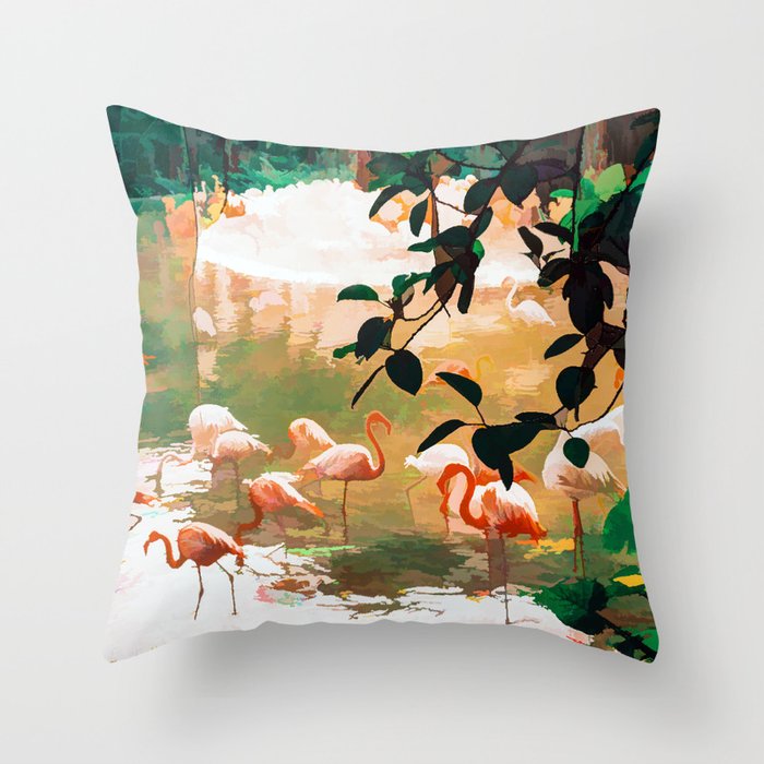 Flamingo Sighting, Jungle Nature Wildlife Birds Painting, Animals Forest Safari Illustration Throw Pillow Gallery Image 1