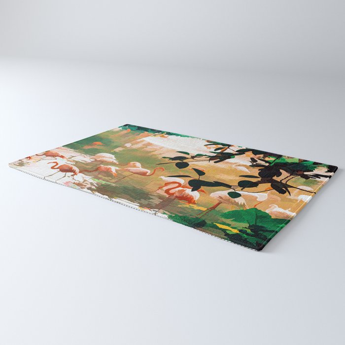 Flamingo Sighting, Jungle Nature Wildlife Birds Painting, Animals Forest Safari Illustration Rug Gallery Image 3