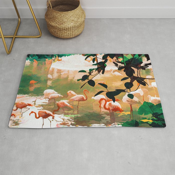Flamingo Sighting, Jungle Nature Wildlife Birds Painting, Animals Forest Safari Illustration Rug Gallery Image 1