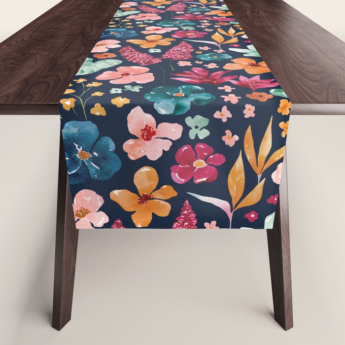 Colorful Tropical Jungle Watercolor Botanical Floral on Navy Blue Table Runner Gallery Image 1