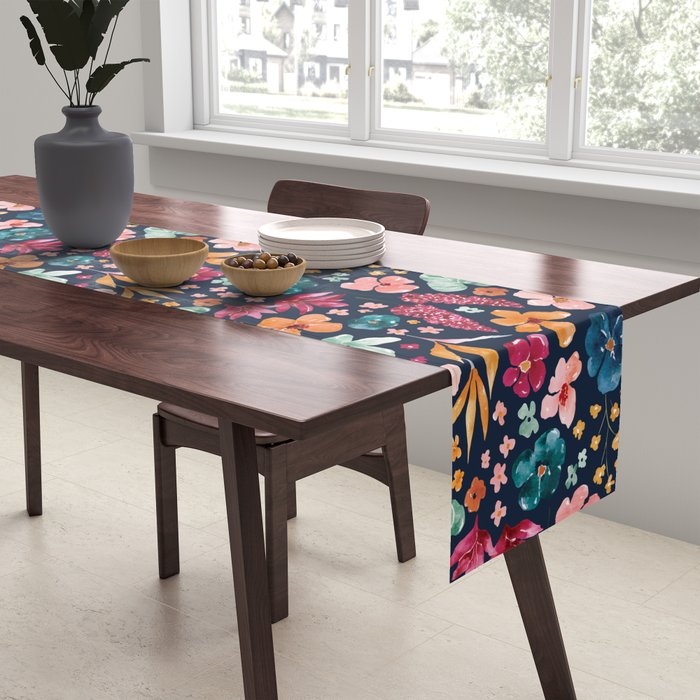 Colorful Tropical Jungle Watercolor Botanical Floral on Navy Blue Table Runner Gallery Image 2