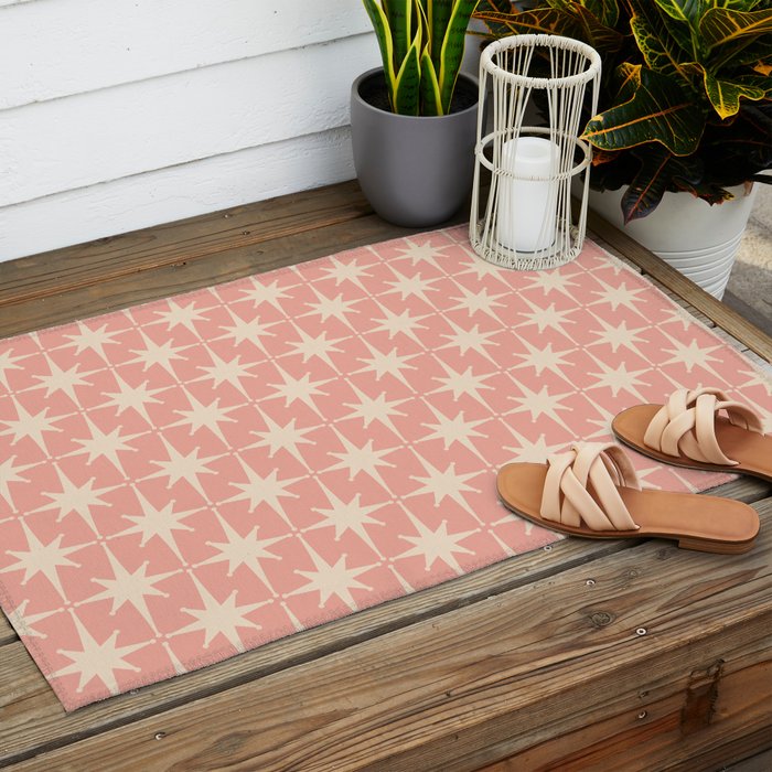 Atomic Age 1950s Retro Starburst Pattern in Cream and Blush Pink  Outdoor Rug Gallery Image 2